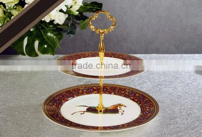 Two layers horse painting ceramic dessert tray