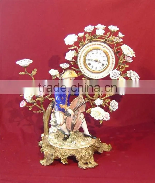 Ancient Collectable Antique Brass and Ceramic Table Clock, Decorative Lady Dancing Under Flower Tree Desk Clock