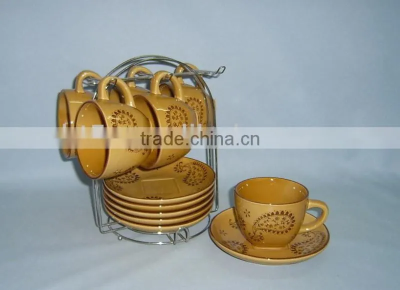 Set of 6 hand printing square shaped ceramic travel mug set with rack