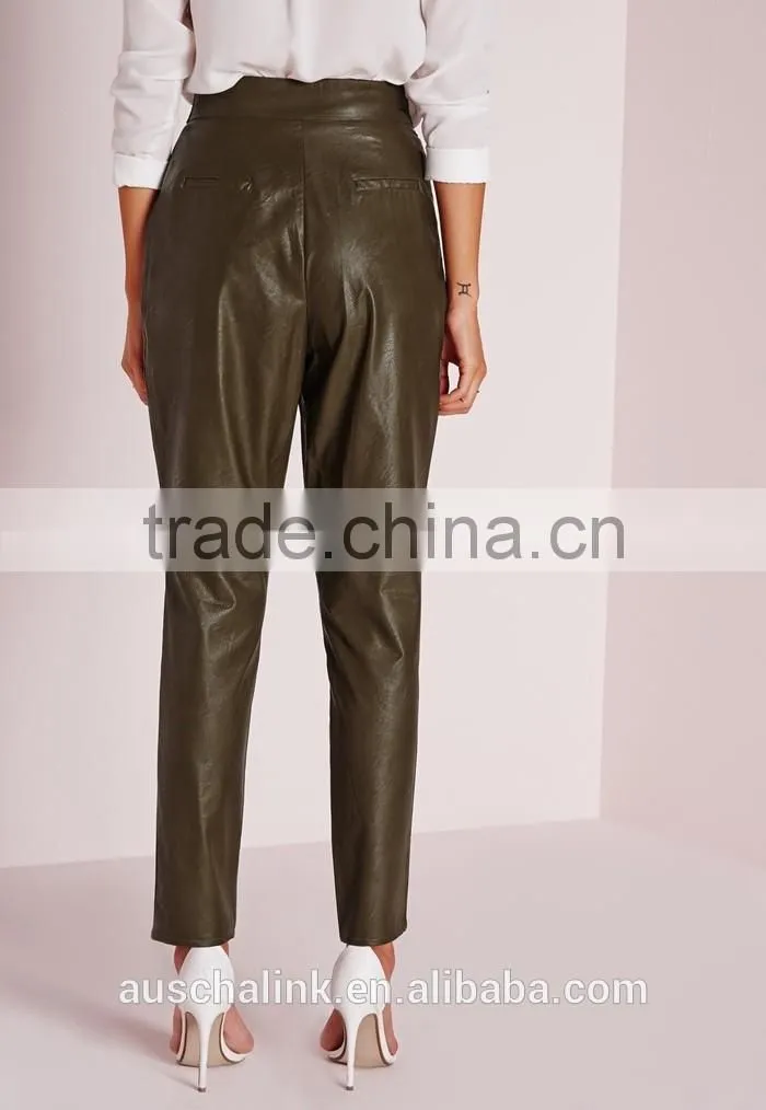 new arrival khaki tie waist faux leather pants women