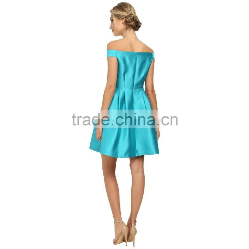 one-line shoulder plain blue short bridesmaid dress with zipper