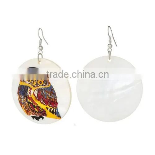 Silver Tone Hook Round Yellow Halloween Owl Pattern Fashion Shell Dangle Earrings 6.5cmx4.5cm
