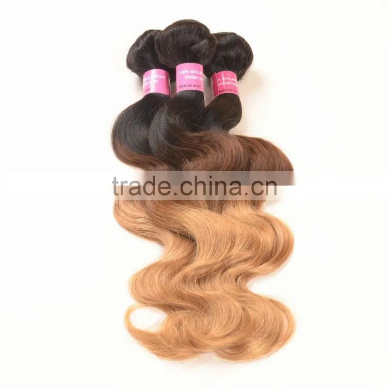 ombre hair weaves hot sale ombre weaving hair 1b/#4/27# color three tone color Malaysian human hair weft mix length