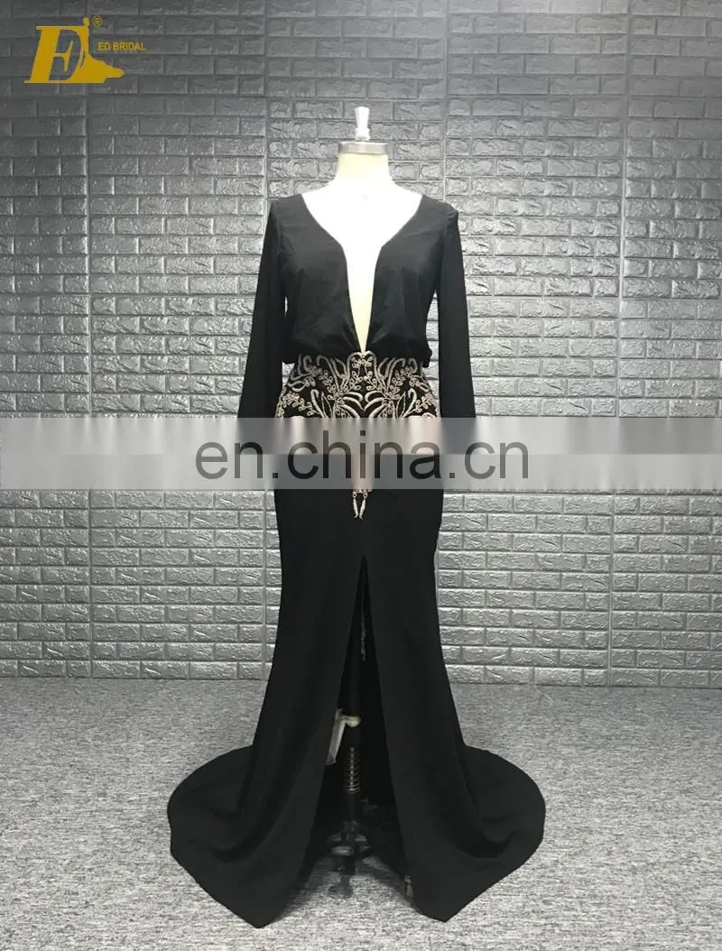Sexy Deep V Neckline See Though Back Handwork Beading Lady Evening Dress Long Sleeve
