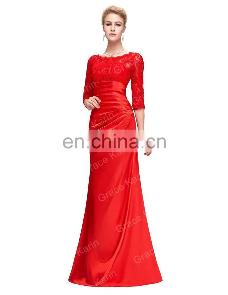 Grace Karin Elegant Long Sleeve Lace Evening Dresses Red CL4524-2
