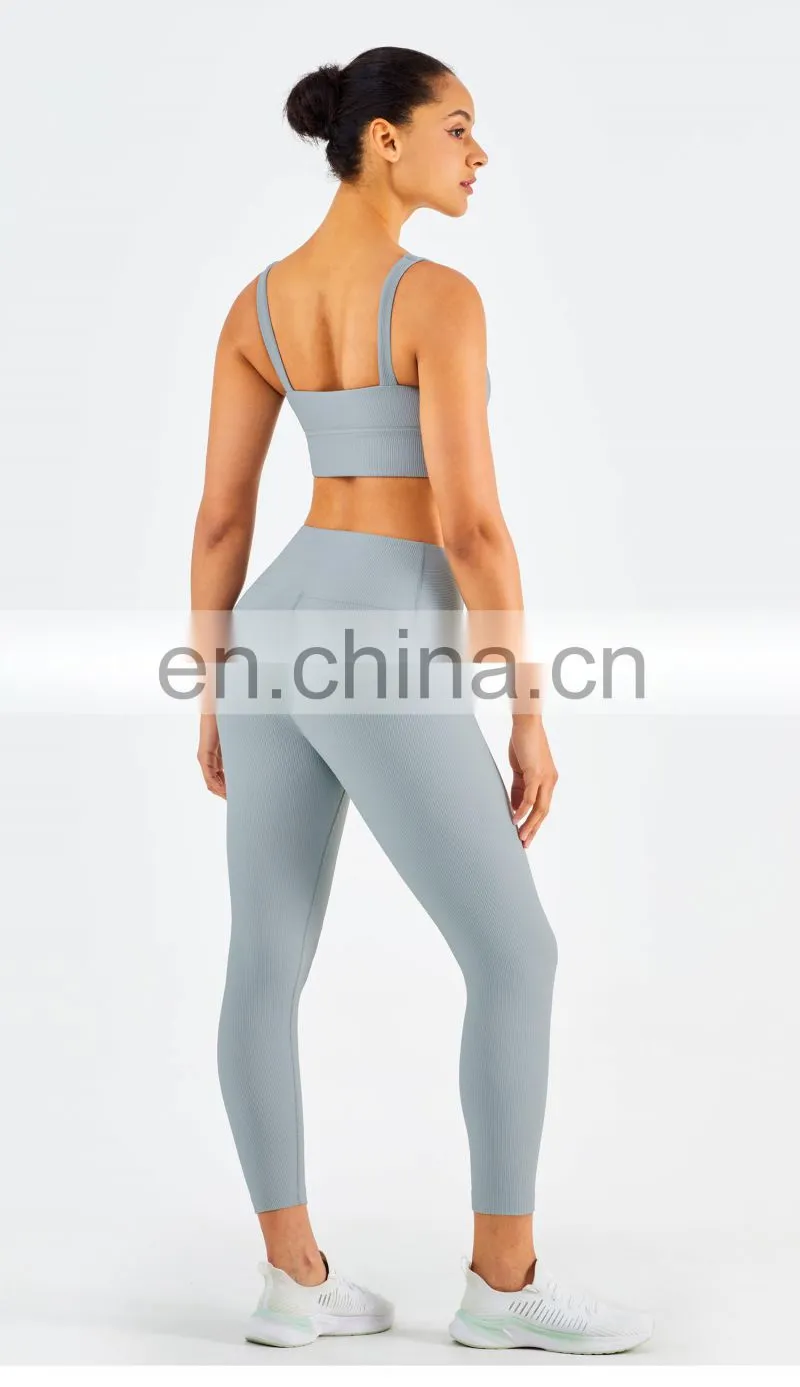 Custom Women Ribber Fabric Sport Set Girls Yoga Gymwear Wholesale Workout Set Fitness clothing
