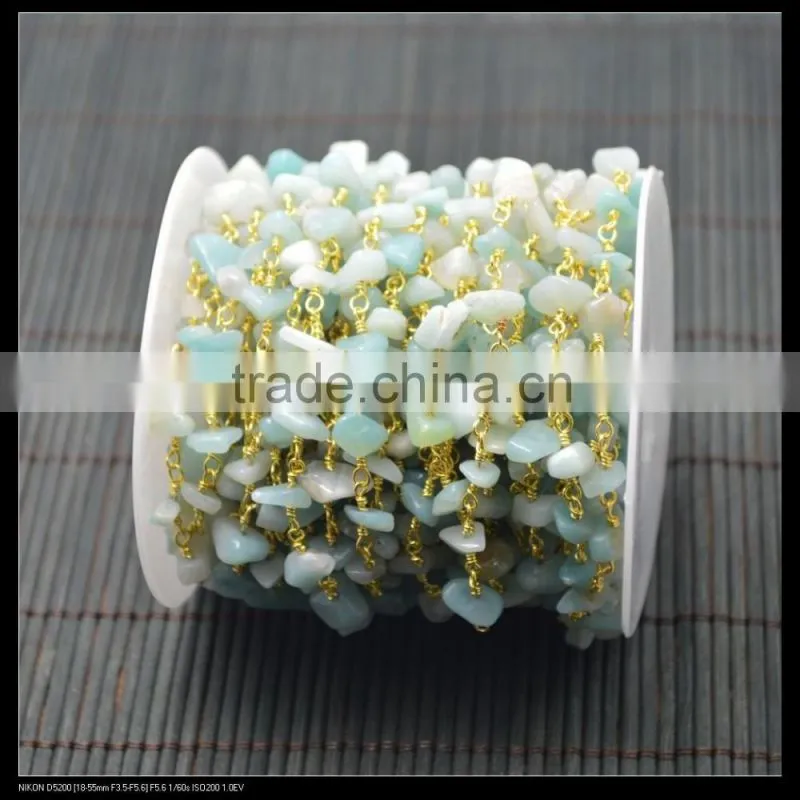 LFD-009C ~ Wholesale Gold Plated Amazonite Stone Chips Beaded Wire Wrapped Rosary Chains Natural Chip Stone Rosary Chains