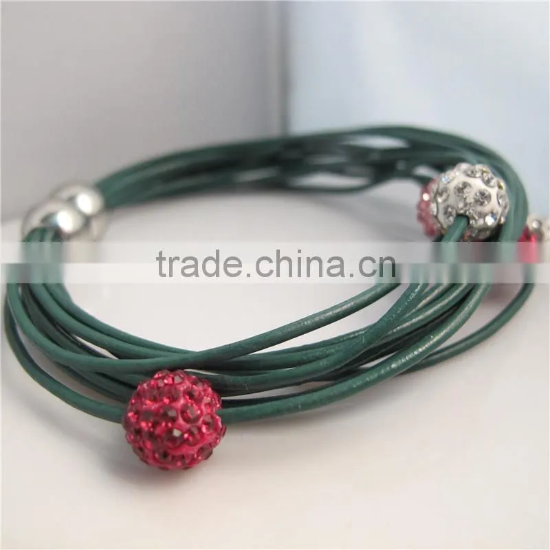 2013 fashion Cowhide Leather Magnetic Clasps Bracelets Brown Clear Rhinestone Beads 20cm(7 7/8") mix order RBB061