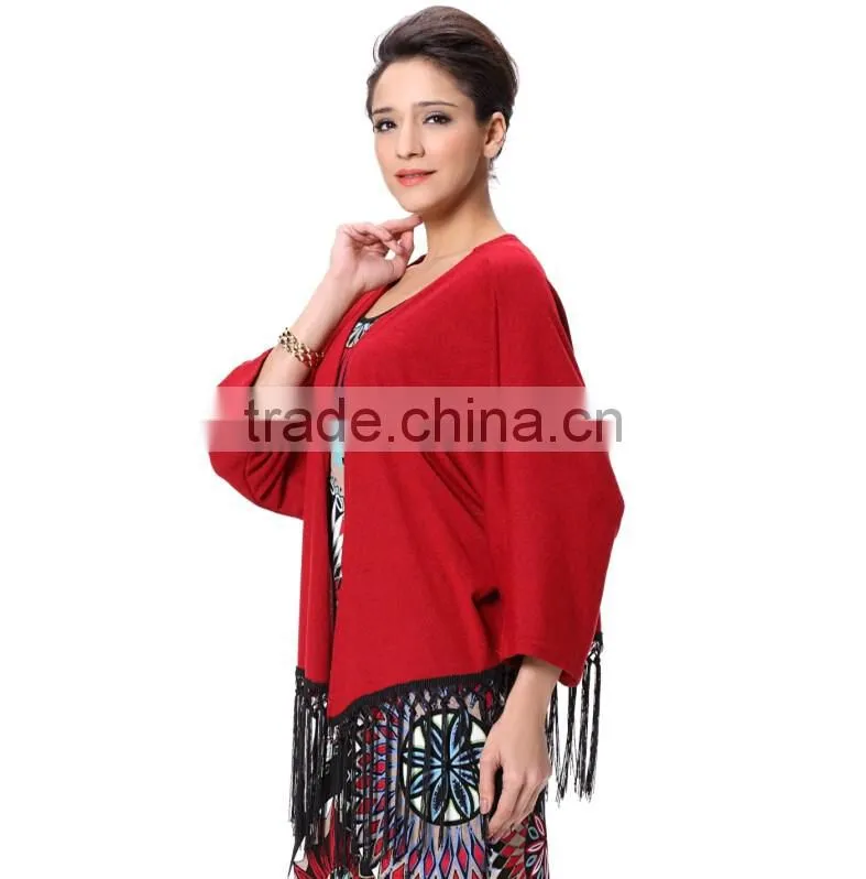 Women Garment Factory Low Price Red Coat Tassel Long Sleeves Tops