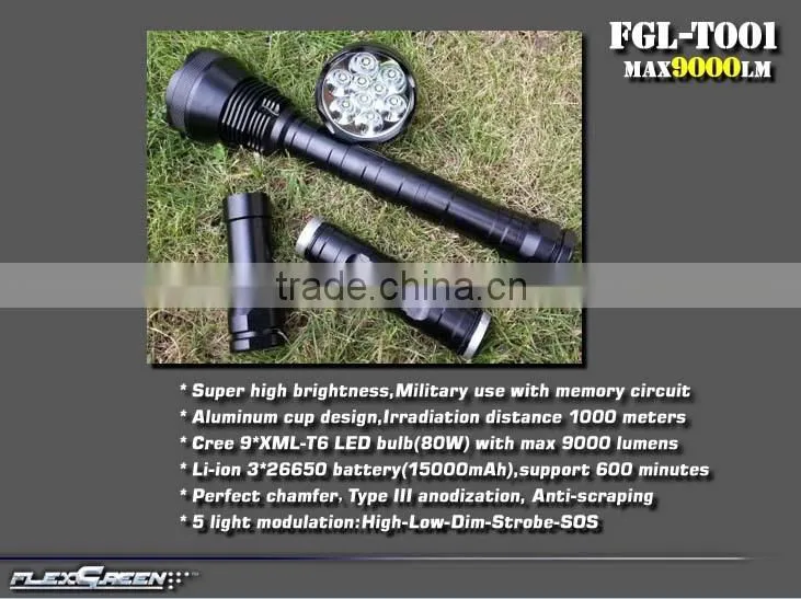 Flexgreen 80w 8000lm high bright XML T6 9 led flashlight