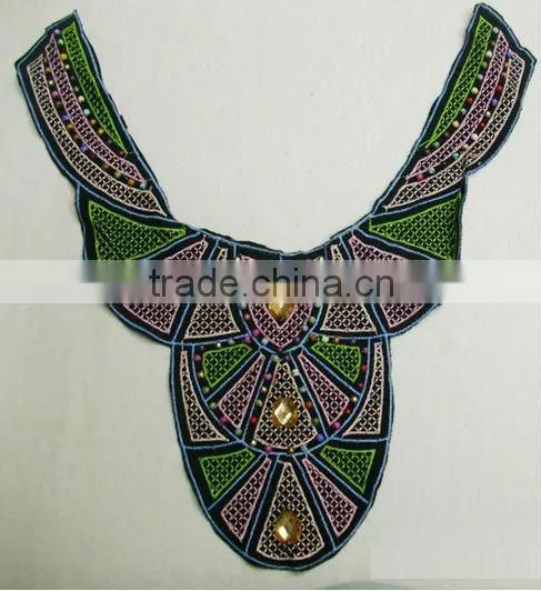 Apparel wooden beaded collar applique, neck embroidery design