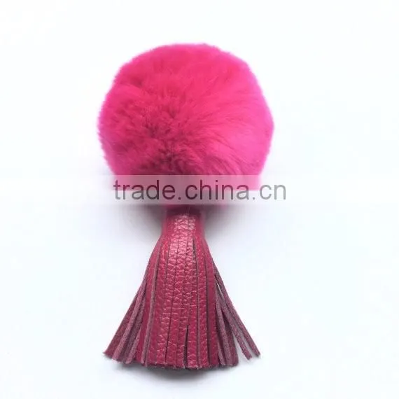 Fuchsia Rabbit Fur bag charm pendant with real leather tassel