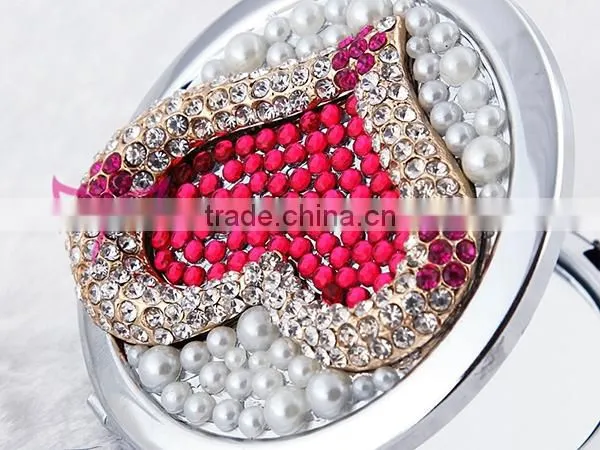 ladies decorative girls hand cosmetic mirrors big heart rhinestone mirrors