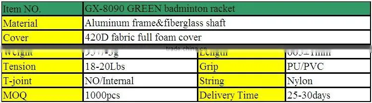 GX-8090 GREEN OEM aluminium&fiberglass badminton racquet with badminton bag/game badminton