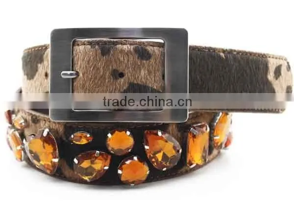 Western Brown Irregular Big Drop Stones Inlay Leopard Fur Belts