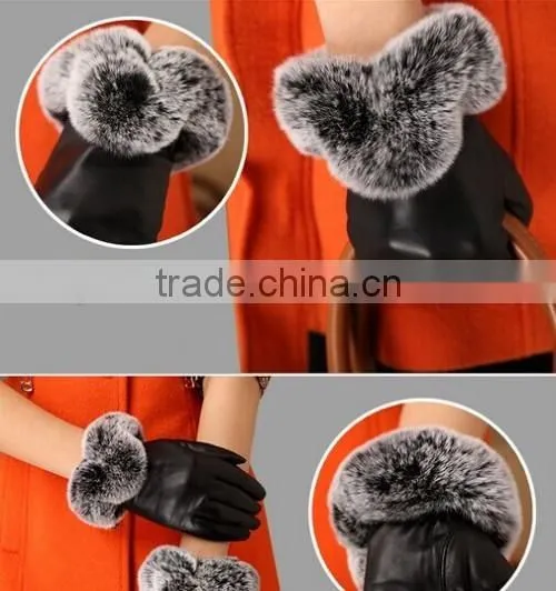 2016 Fashionable Woman Leather Gloves Beautiful Fur Woman Leather Gloves