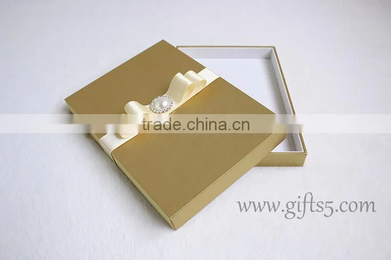 Luxury handmade gold wedding invitations box with ribbon bow