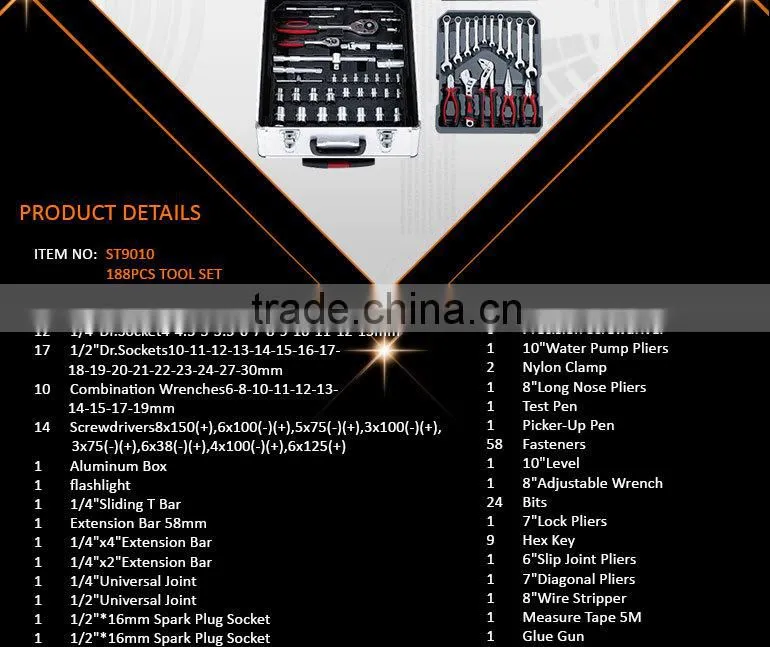 188pcs Trolley Aluminium Case Hand Tool Set, Metal Box Complete Hand Tool Kit Set