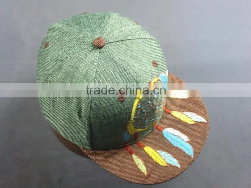 Customer high quality 6- panel Linen snapback hat with flat Embroidered Patch