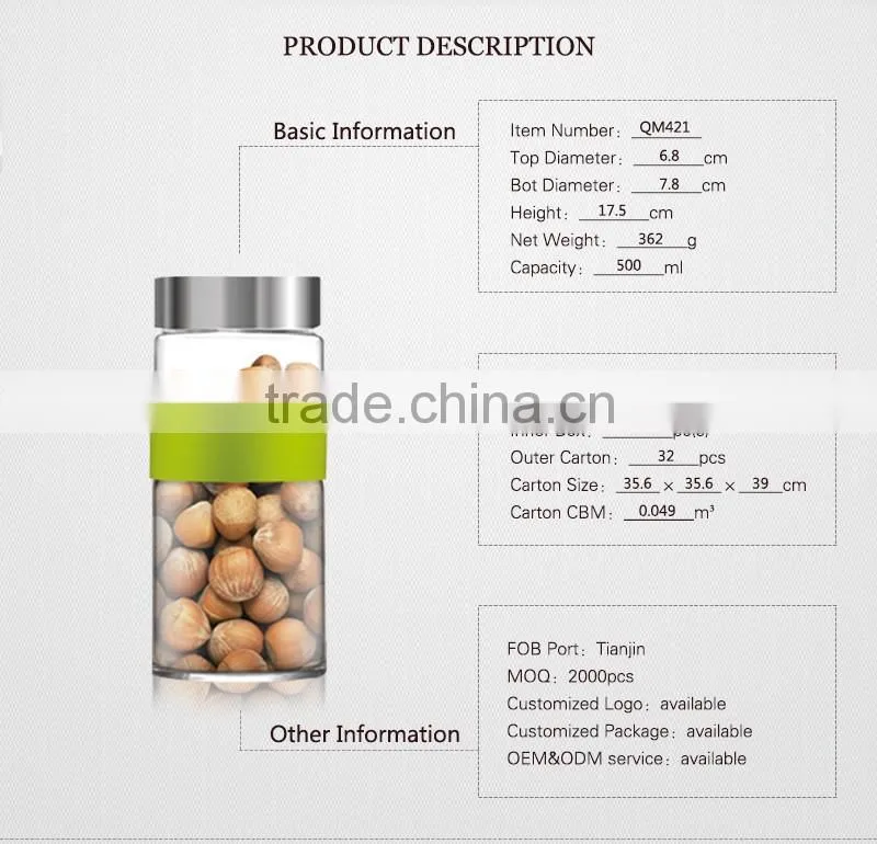 China supplier 300ml heat resistant glass canister stainless steel lid QM421