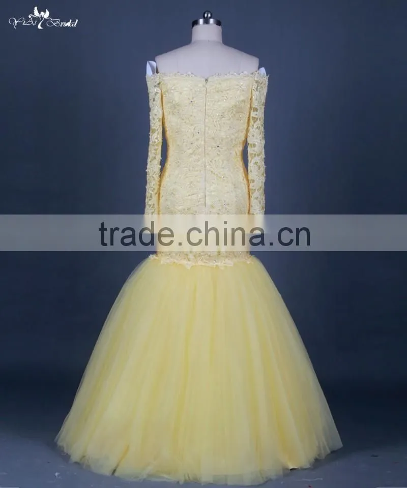 RSE682 Off The Shoulder Yellow Sexy See-Through Patterns Of Lace Long Sleeve Mermaid Evening Dress