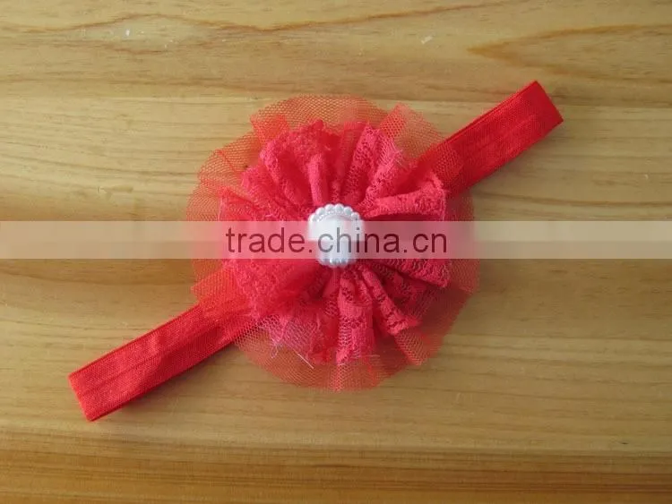 lace flower headband with pearl rhinestone in center for kids hair accessories