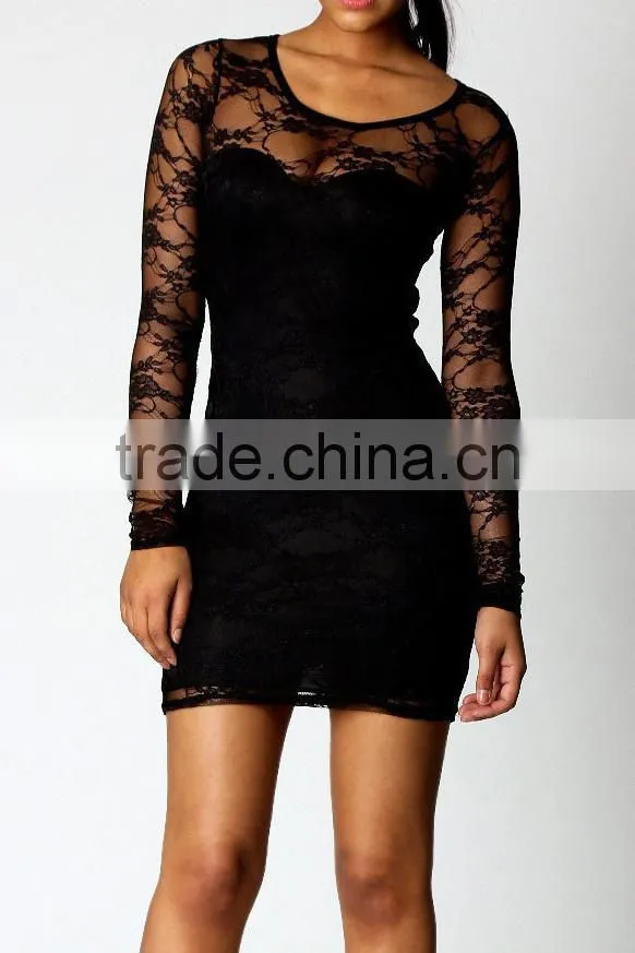 New Fashion Black Sexy Women's Ladies Floral Lace Dress Long Sleeve Bodycon Evening Dress