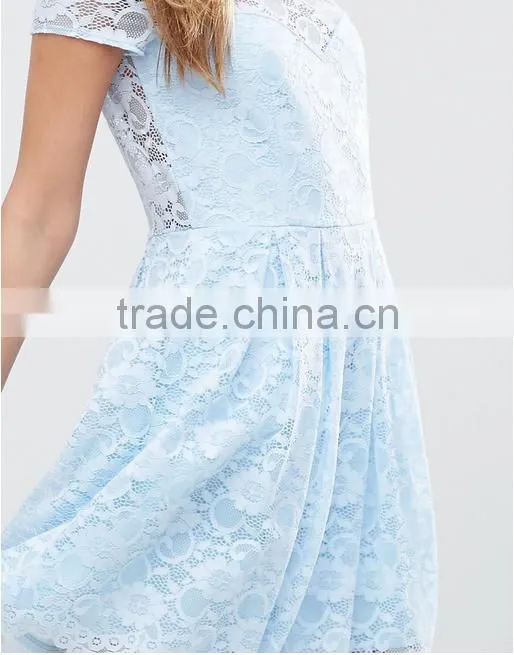 Guangzhou clothing OEM Blue Pleated Skirt Lace Mini T-Shirt Dress