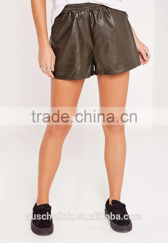 custom ladies khaki elasticated waist faux leather shorts