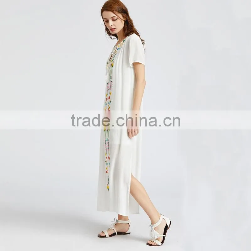 White short sleeve maxi Dress, women emboriedered fashion mesh dress