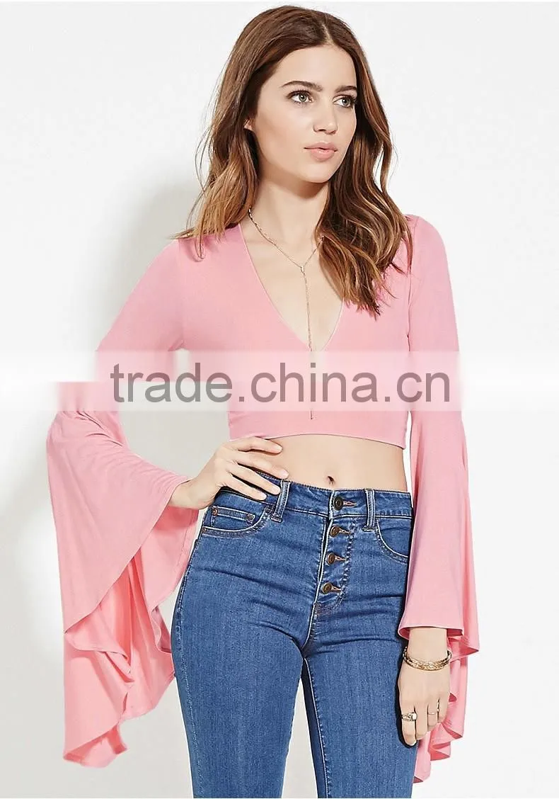 Women's fashion deep V neck sexy trumpet sleeve t shirt wholesale