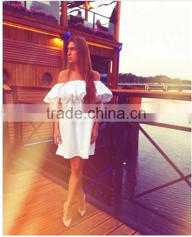 Ladies fashion half shoulder-off dresses lady's short butterfly sleeve dress for wholesale 2017