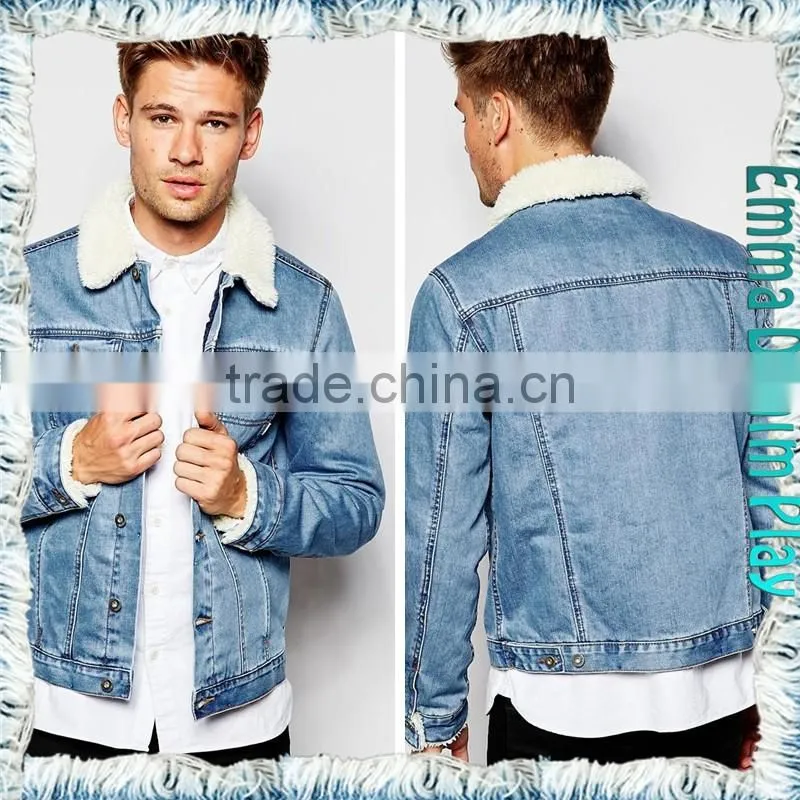 2015 New Style Winter Men's Light Blue Denim Fleece Jackets Coat