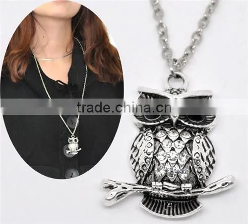 Vintage Antique Silver Rhinestone Owl Halloween Ornaments Pendant Necklaces (70cm)