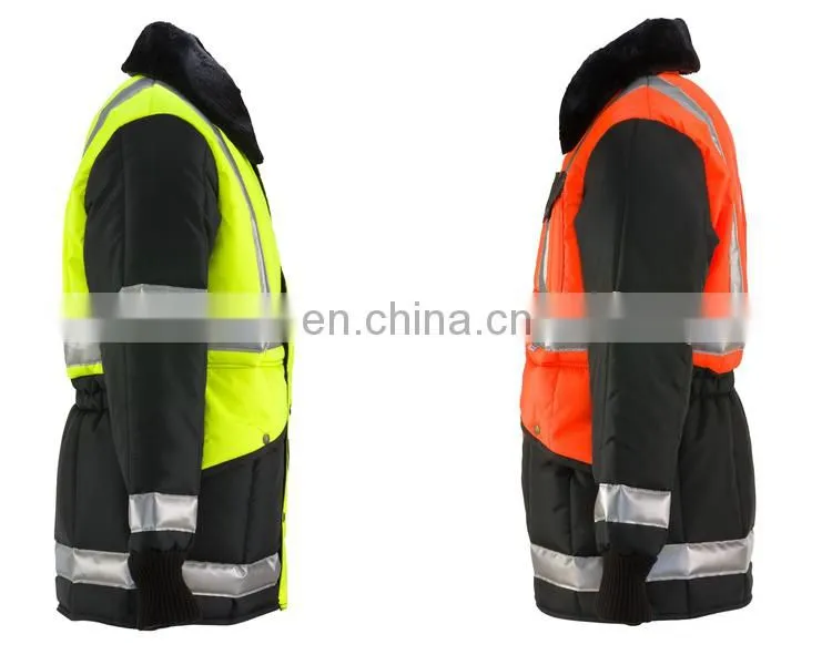 Waterproof Jacket with safety work Hi vis cold storage fleece collar