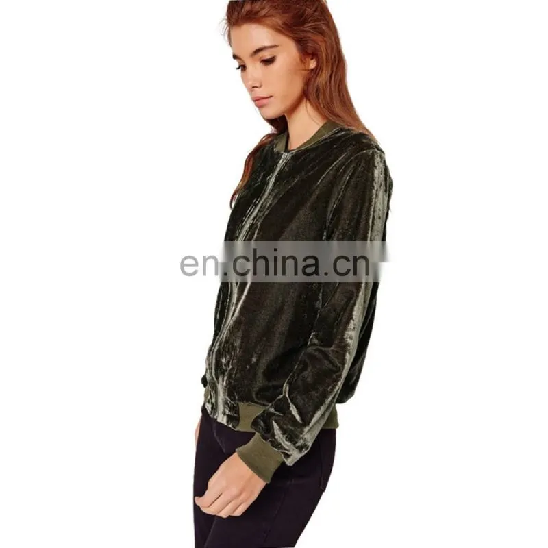 2017 hotsale women's latest fashion zipper collar silk velvet bomber jacket