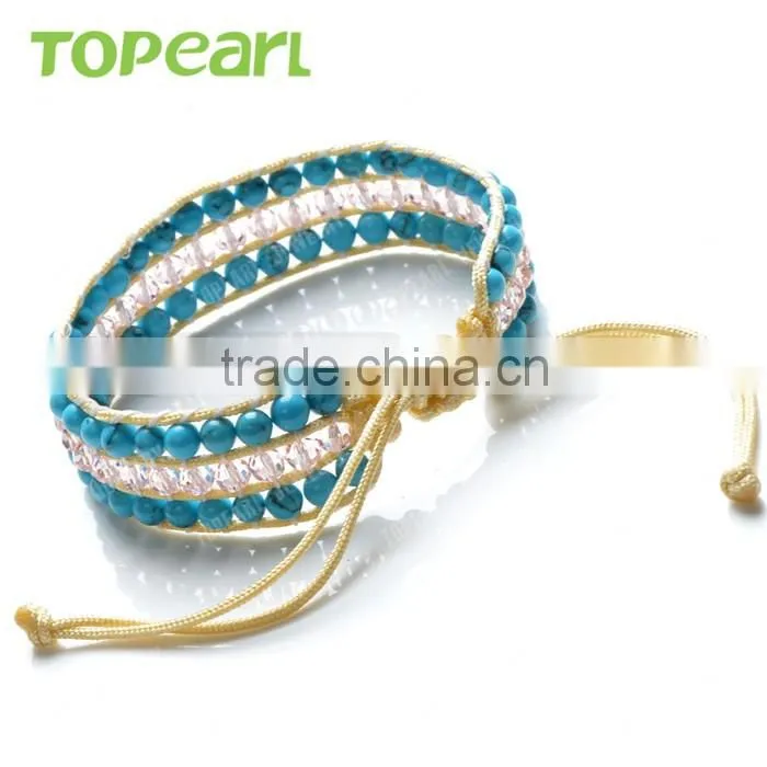 Topearl Jewelry Turquoise and Crystal Bracelet Woven Leather Wrap Bracelet for Women CLL177