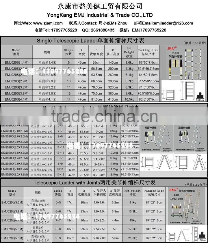 Telescopic ladder 3.8m(EN131/SGS,CE/EN131)(We also have 3.8m,3.2m,2.9m,2.6m,2.0m)