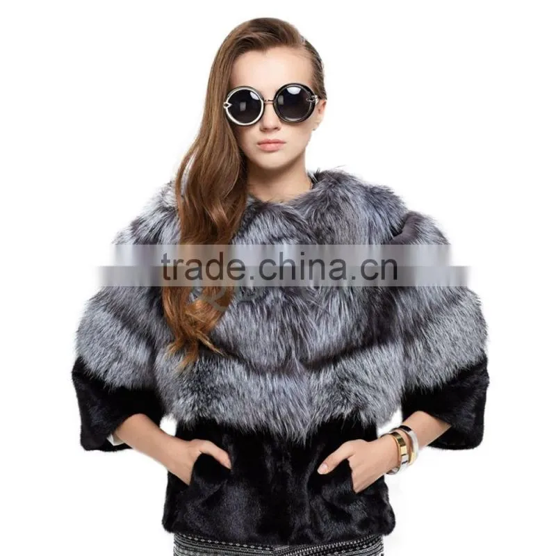 QD30970 Women Winter Real Silver Fox Fur Match Mink Fur Jacket Cross Grain Silver Fox Fur Jacket