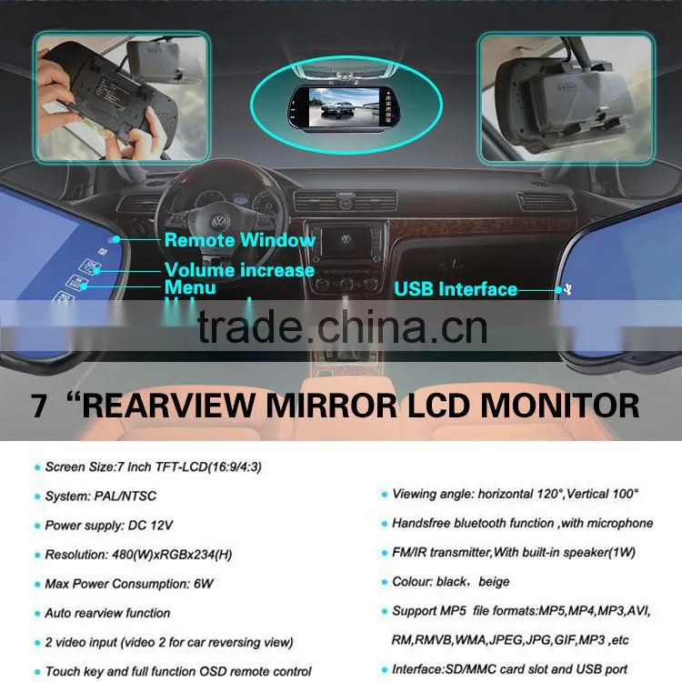 car rear view mirror 7 inch monitor with bluetooth