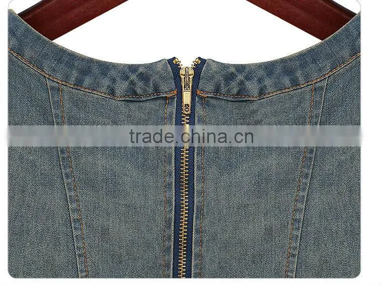2015 New arrival Latest half sleeve denim halter dress retro denim woman one-piece office dress