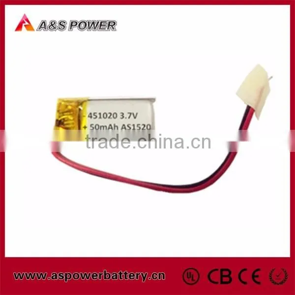 On time shipment rechargeable 451020 lipo battery 3.7v 50mah pack