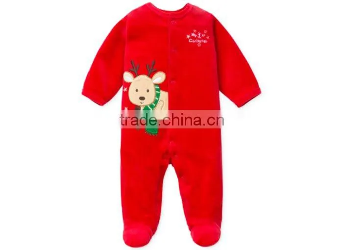 Bright Red Romper With Elk Applique Embroidery Babys Christmas Coverall Romper