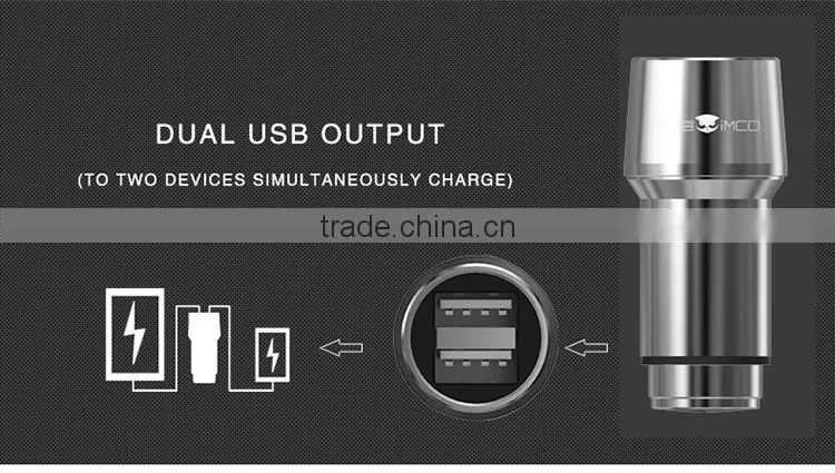 universal promotional high quality metal car quick charger with dual 2 cable usb
