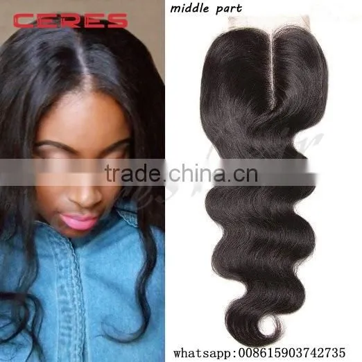 Ceres Hair 130% Density Middle Part u part Body Wave virgin hair bundles with Free Parting Lace Closure