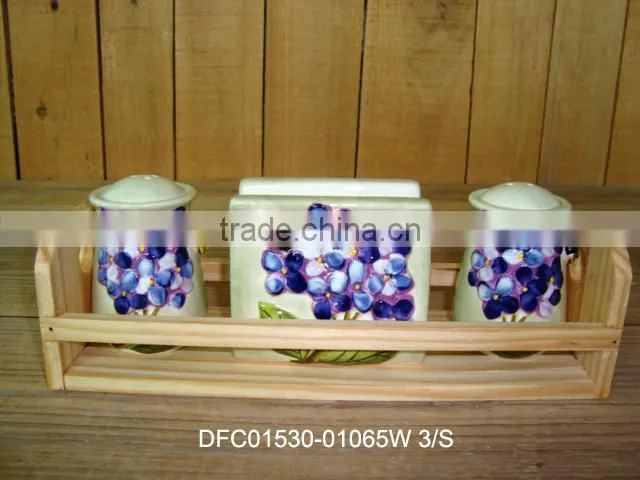 Flower Decal Napkin Holder with Salt Pepper Shakers with Pink Wooden Stand
