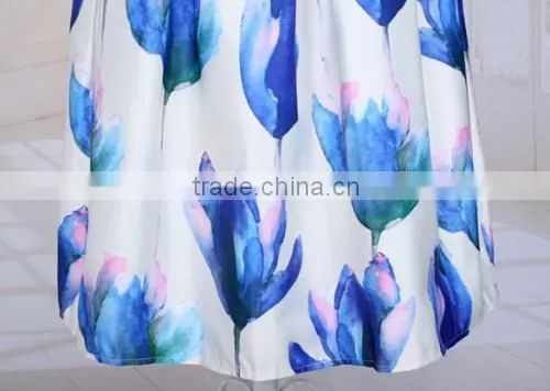 Women Fashion Retro Elegant Elastic High Waist Zipper Flower Print Pleated Midi Skirt