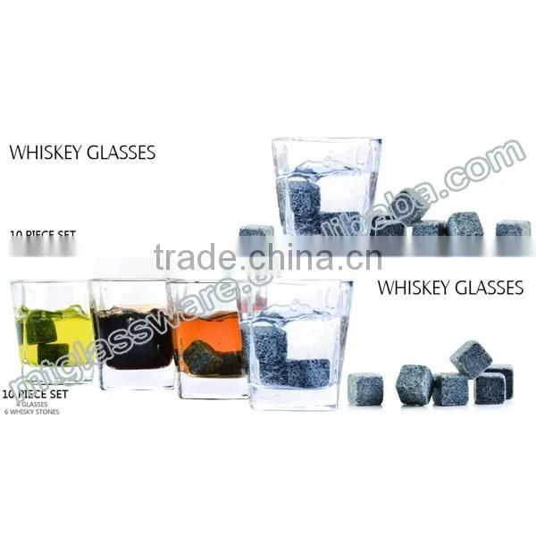 heavy square base whiskey glass with whiskey stone