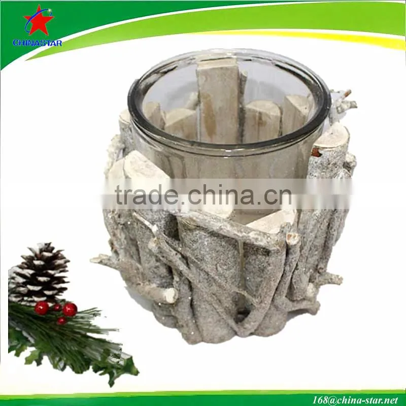 wood slat votive candle stand with glass holder inserted
