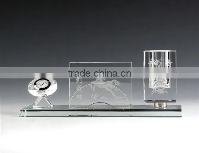 JingYaGe 3D Laser Animal Custom Crystal Glass Office Horse Pen Holder for Gifts with Clock&Bamboo Pattern Design